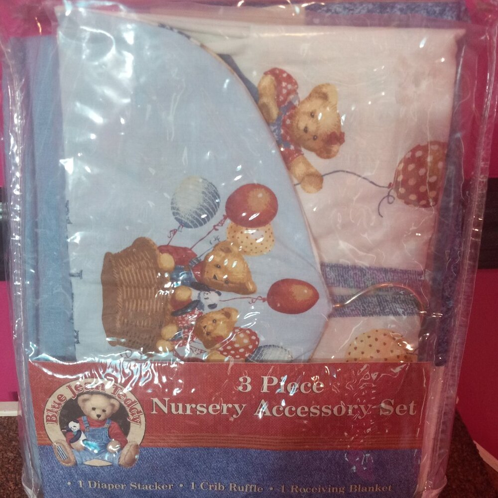 Blue Jean Teddy Baby Nursery 3 Piece Accessory Set Blanket Crib Ruffle Diaper